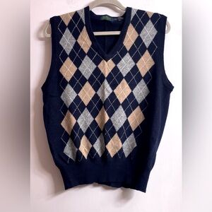 Vintage 70s Byford Argyle Diamond Gray Baidge Blue Sweater Vest Size XL.